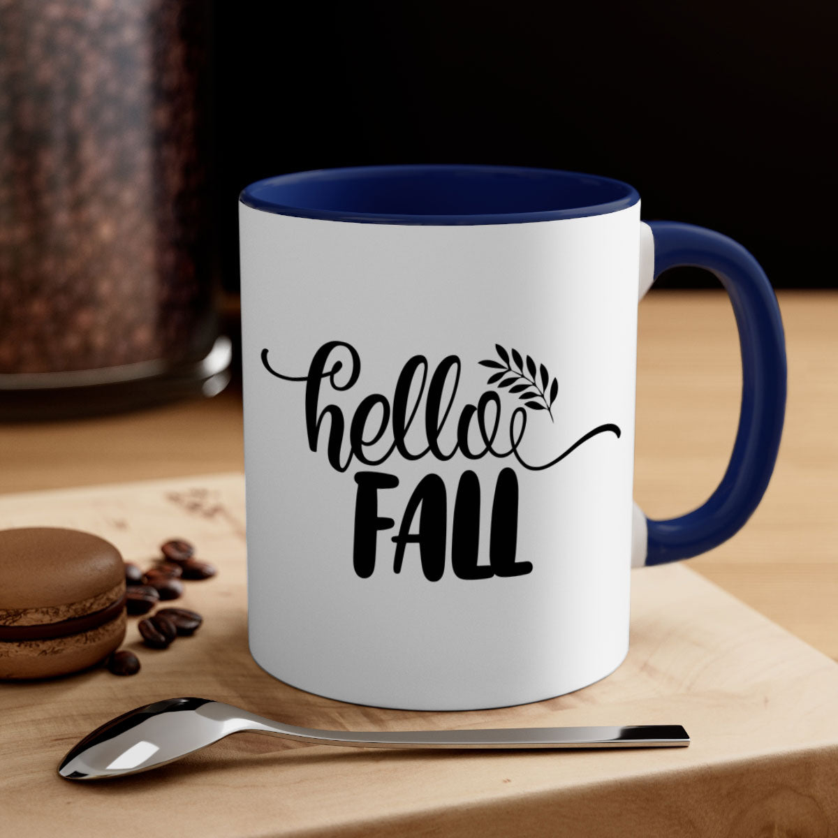 Hello Fall Thanksgiving Mug with a glossy finish, featuring a colored handle and interior, available in multiple colors.