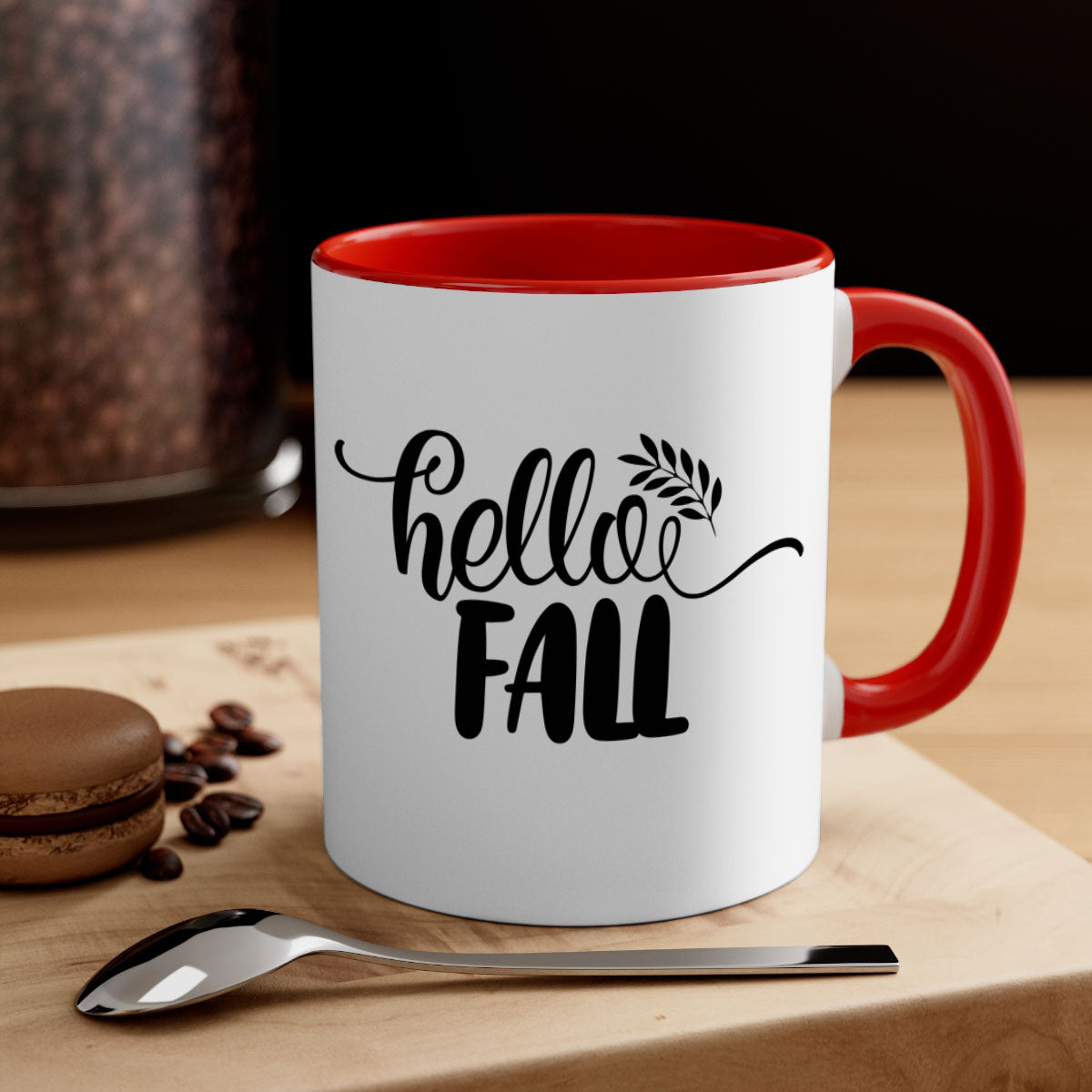 Hello Fall Thanksgiving Mug with a glossy finish, featuring a colored handle and interior, available in multiple colors.