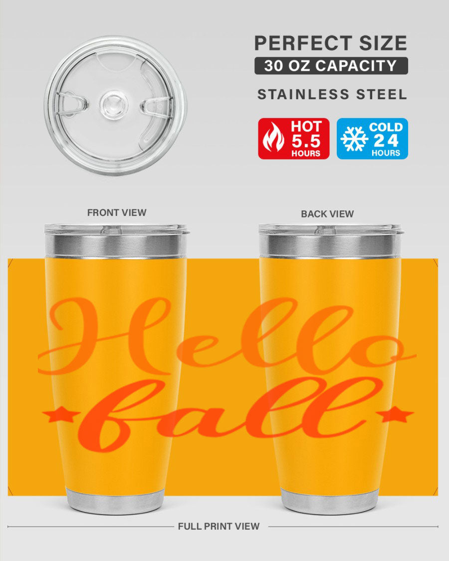 Hello Fall Design 278# tumbler in 20oz and 30oz sizes, showcasing a stylish autumn-themed design with a stainless steel finish.