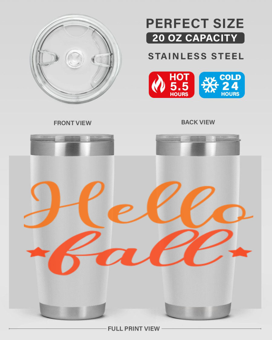 Hello Fall Design 278# tumbler in 20oz and 30oz sizes, showcasing a stylish autumn-themed design with a stainless steel finish.