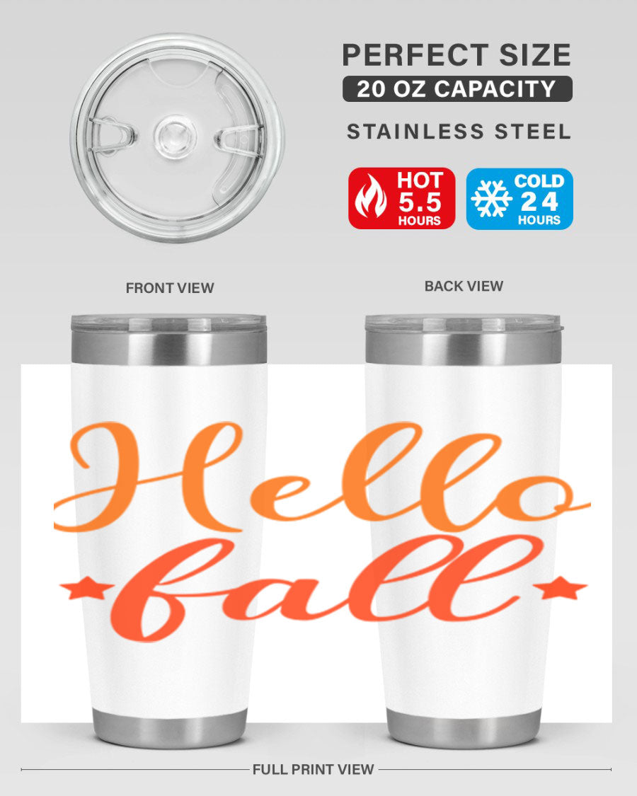 Hello Fall Design 278# tumbler in 20oz and 30oz sizes, showcasing a stylish autumn-themed design with a stainless steel finish.
