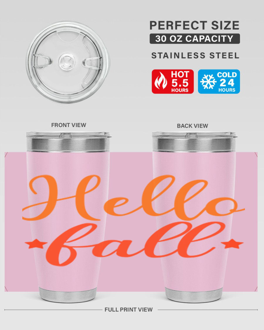 Hello Fall Design 278# tumbler in 20oz and 30oz sizes, showcasing a stylish autumn-themed design with a stainless steel finish.