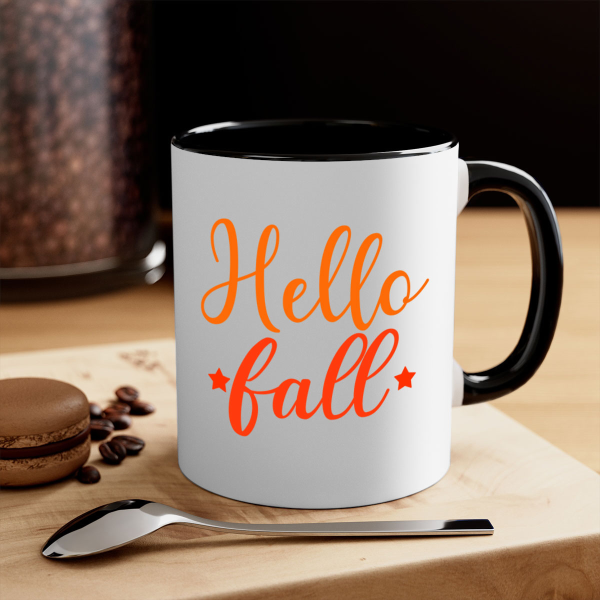Hello Fall Design 278# Mug featuring a glossy finish, colored handle, and interior in vibrant autumn colors.