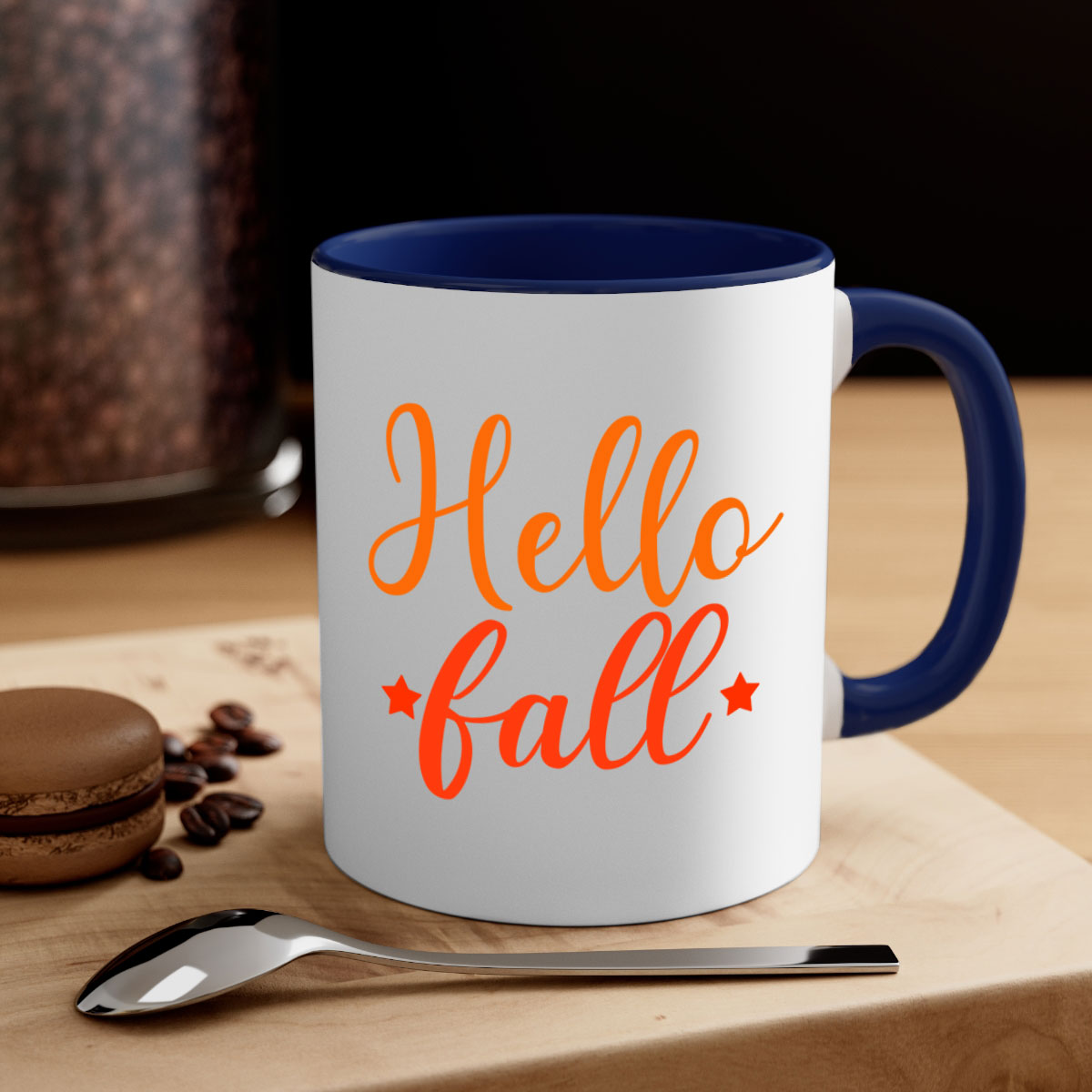 Hello Fall Design 278# Mug featuring a glossy finish, colored handle, and interior in vibrant autumn colors.