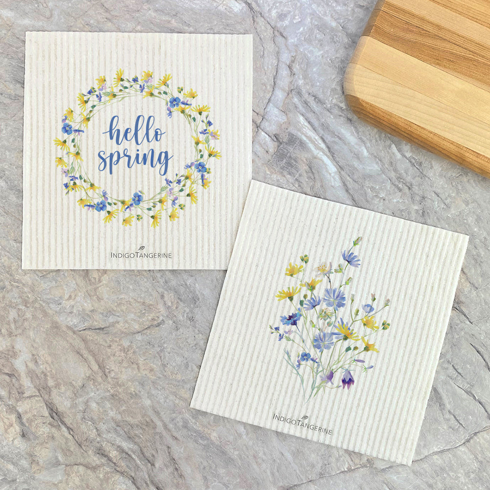 Hello Spring Wreath Swedish Dish Cloths featuring vibrant floral designs, eco-friendly materials, and a reusable, compostable structure.
