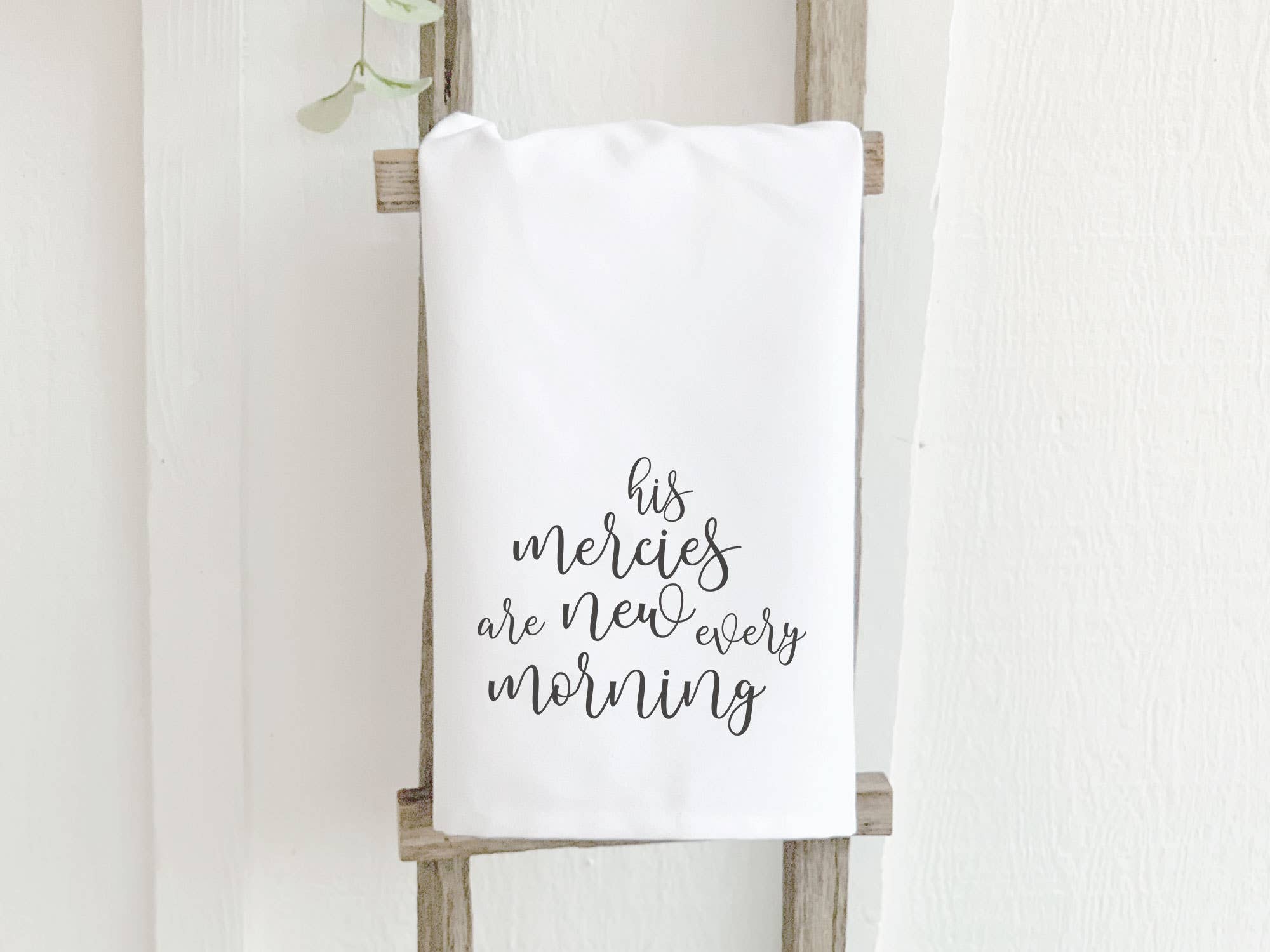 His Mercies are New Every Morning cotton tea towel featuring a vibrant design, perfect for kitchen use.