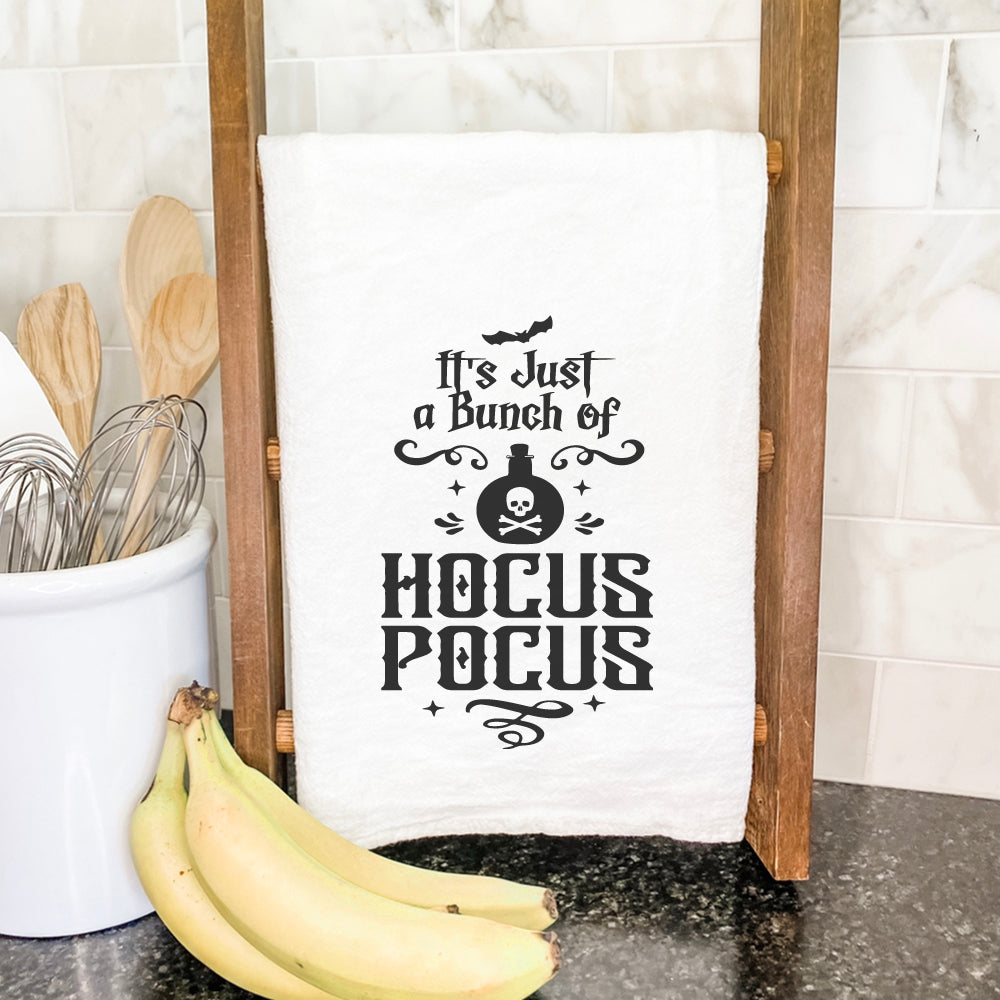 Hocus Pocus cotton tea towel featuring a whimsical design, made from 100% absorbent cotton, perfect for kitchen use.