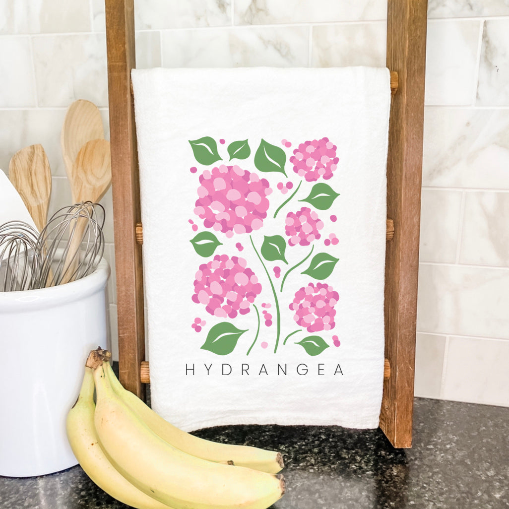 Hydrangea Cotton Tea Towel featuring vibrant floral design, made from 100% absorbent cotton, perfect for kitchen use.