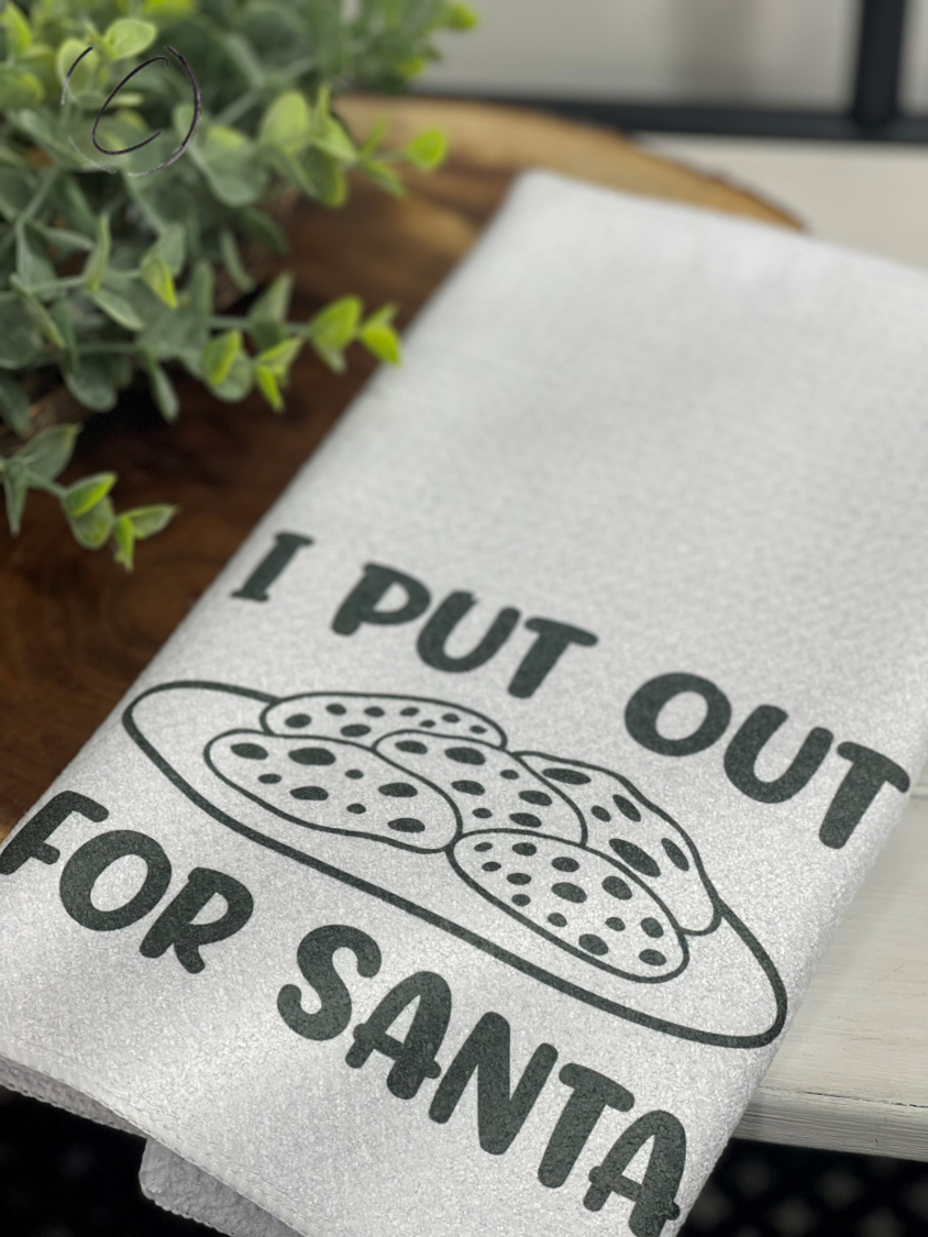 I Put Out For Santa Waffle Weave Tea Towel featuring a festive design, perfect for holiday kitchens.