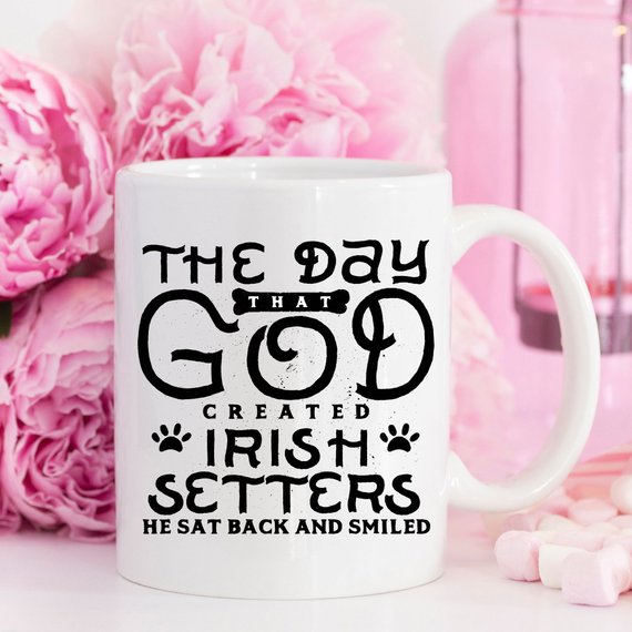 White ceramic Irish Setter mug with vibrant design on both sides, perfect for coffee or tea.