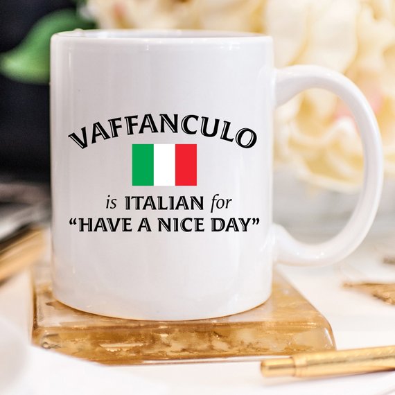 A humorous coffee mug featuring the phrase 'Vaffanculo Is Italian For Have A Nice Day', made from high-quality ceramic.