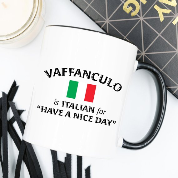 A humorous coffee mug featuring the phrase 'Vaffanculo Is Italian For Have A Nice Day', made from high-quality ceramic.
