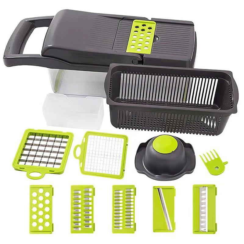 Kitchen Multi-function Potato Wire Cutter Slicer Set featuring stainless steel blades and a side storage container for easy organization.
