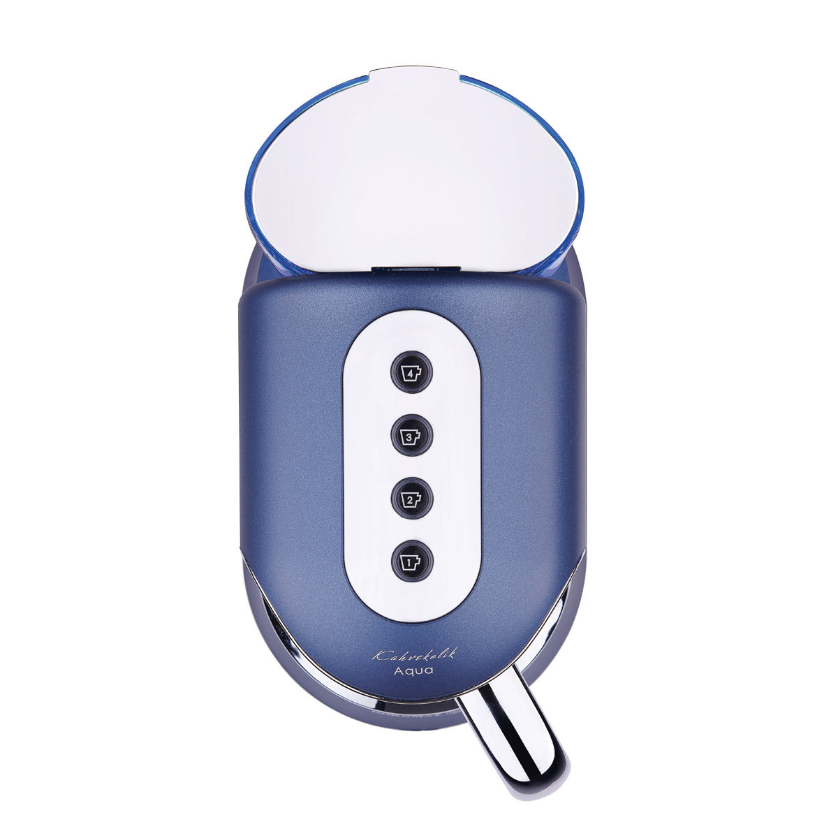 Korkmaz A862-03 Kahvekolik Kaffeemaschine in Aqua Azura/Chrom mit transparentem Wassertank und blauer Beleuchtung.