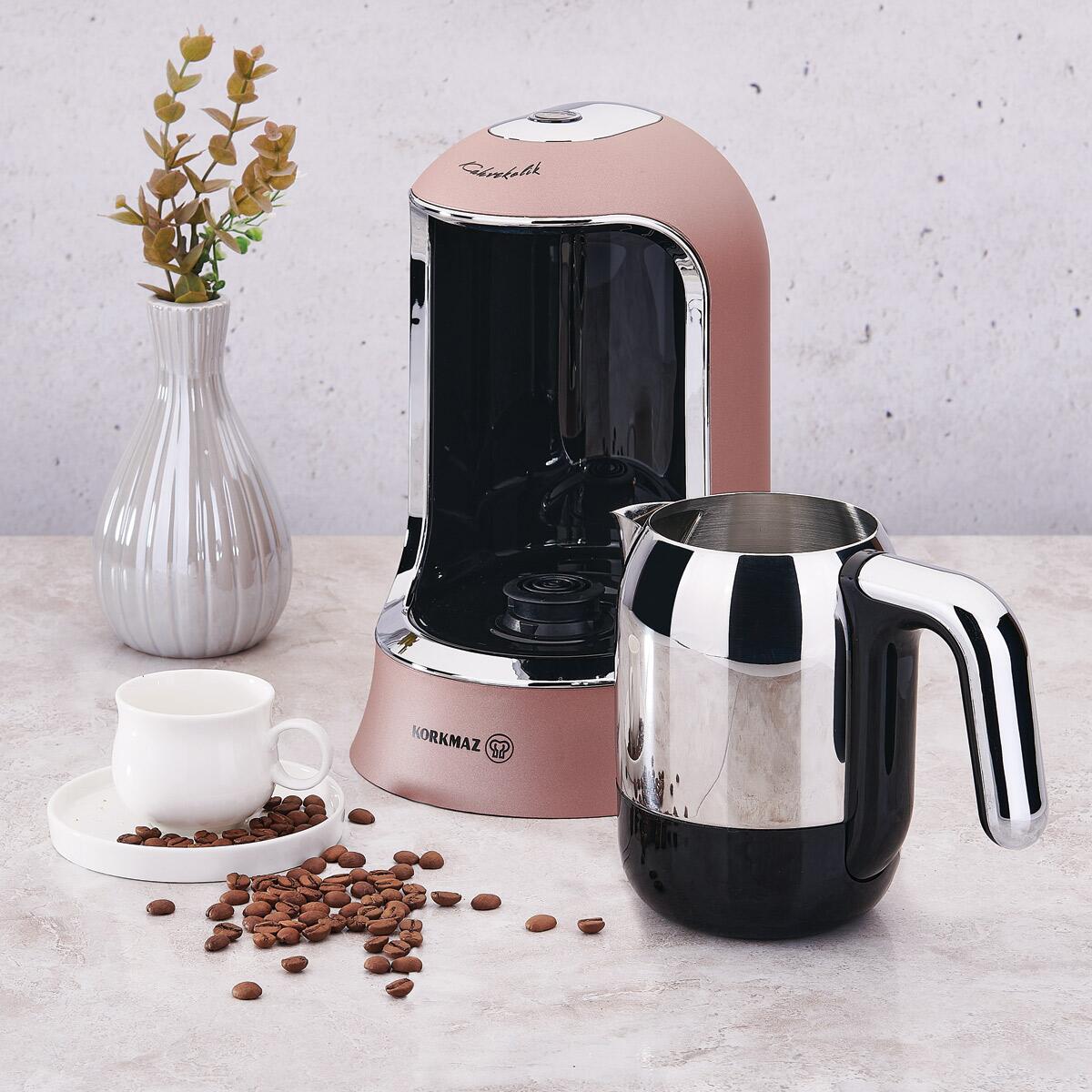 Korkmaz Kahvekolik Rosagold/Chrom Automatische Türkische Kaffeemaschine mit Edelstahl-Kaffeekanne und eleganten Design.