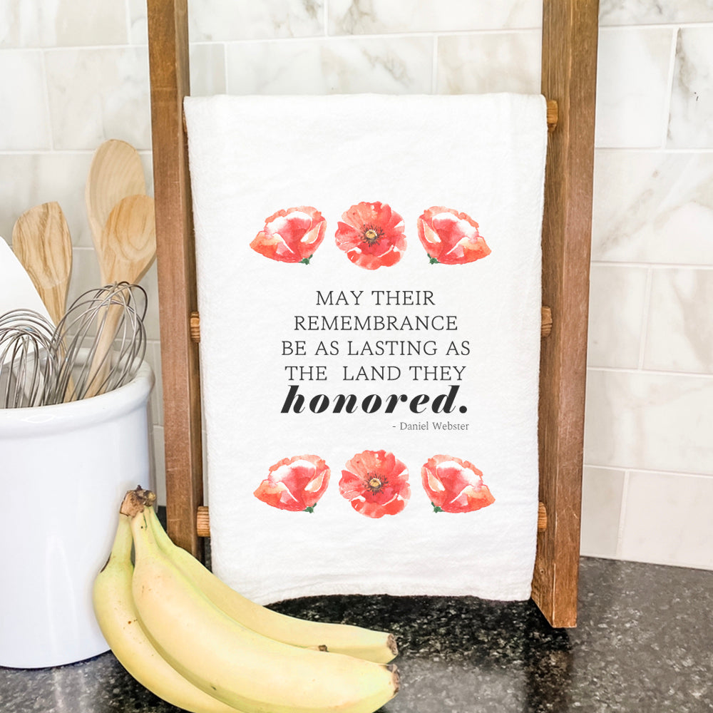 Lasting Remembrance Cotton Tea Towel featuring vibrant poppy design, made from 100% absorbent cotton, perfect for kitchen use.