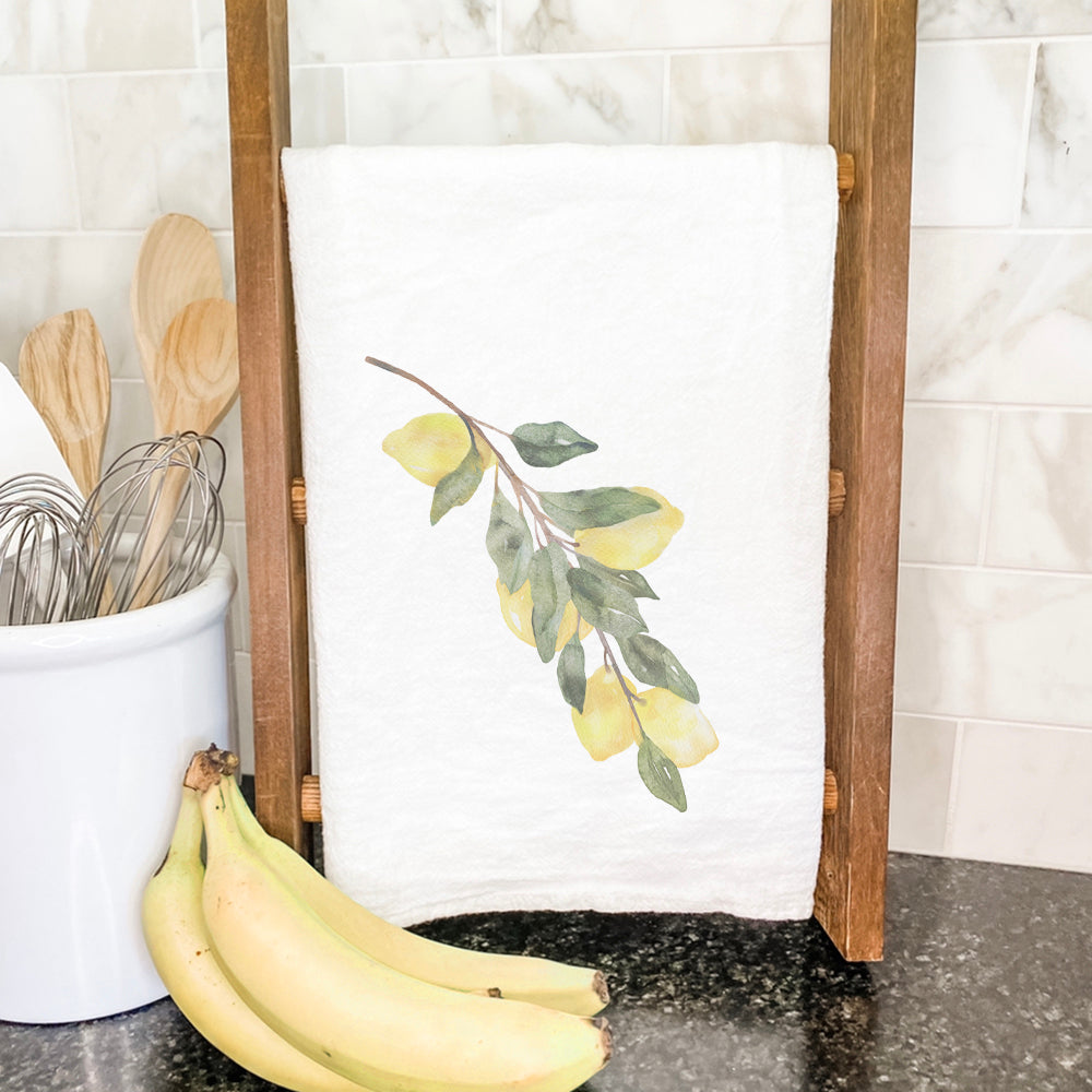 Lemon Branch Cotton Tea Towel featuring vibrant lemon design on absorbent fabric, ideal for kitchen use.