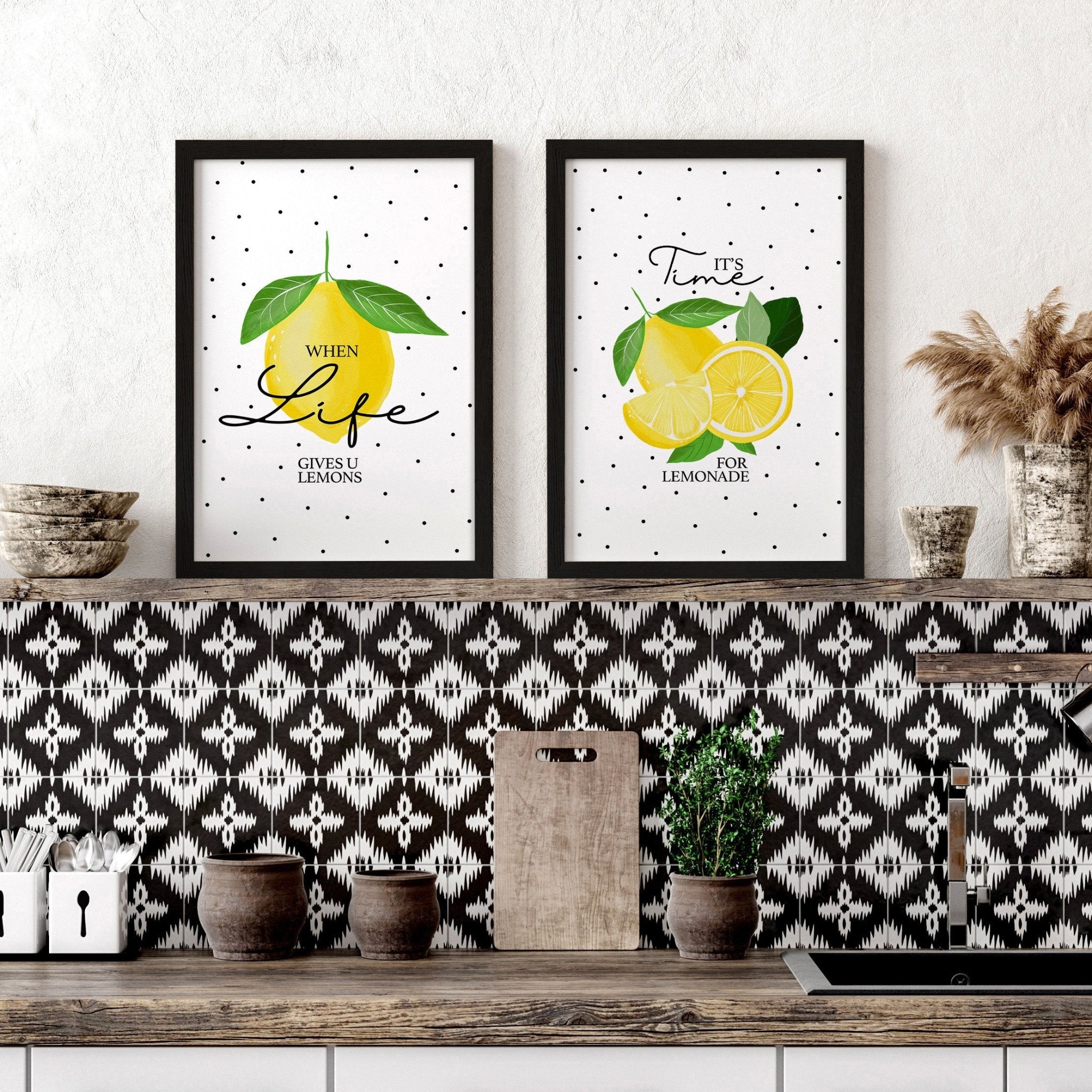 Set of 2 wall art prints featuring vibrant lemon illustrations on premium paper, perfect for kitchen decor.