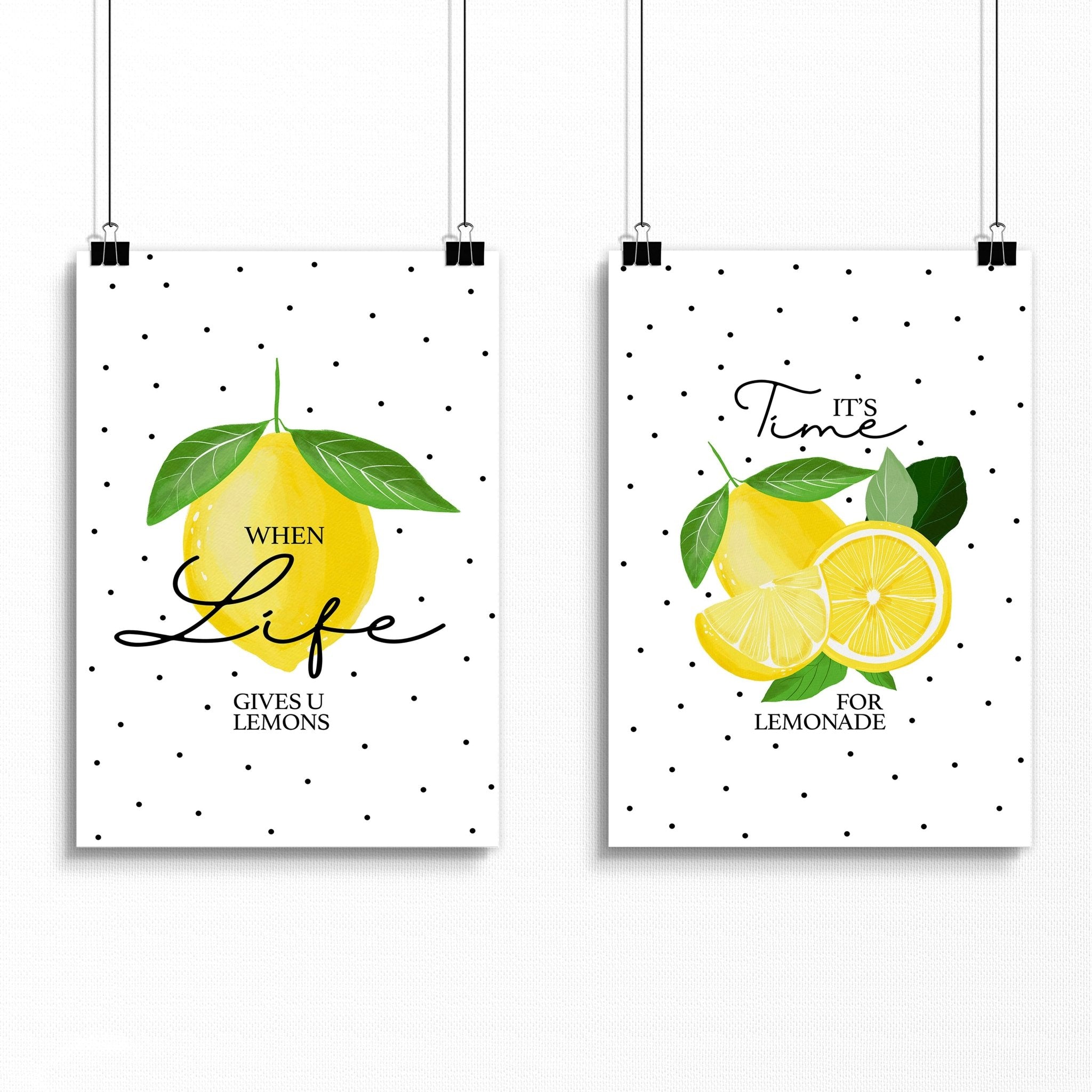 Set of 2 wall art prints featuring vibrant lemon illustrations on premium paper, perfect for kitchen decor.