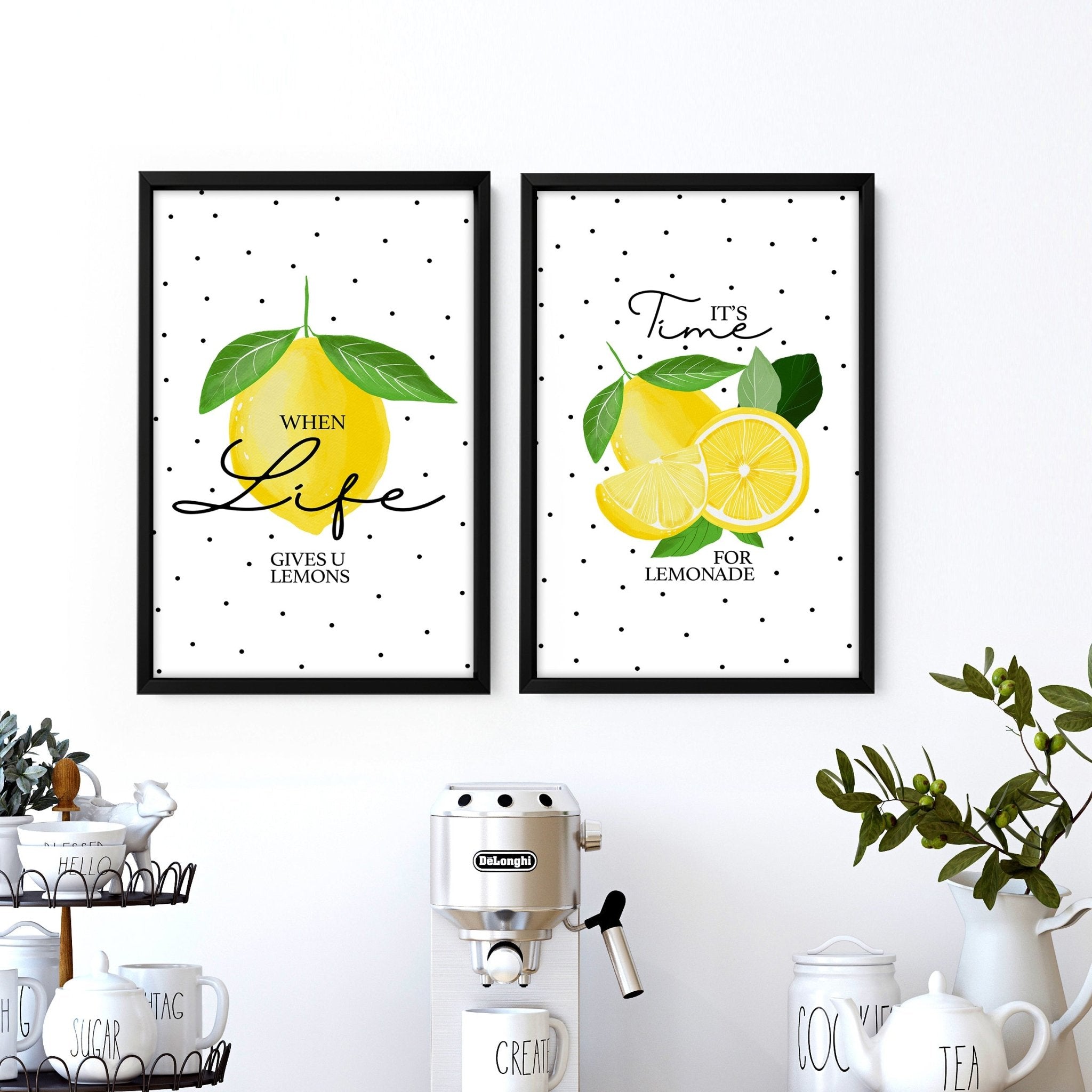 Set of 2 wall art prints featuring vibrant lemon illustrations on premium paper, perfect for kitchen decor.