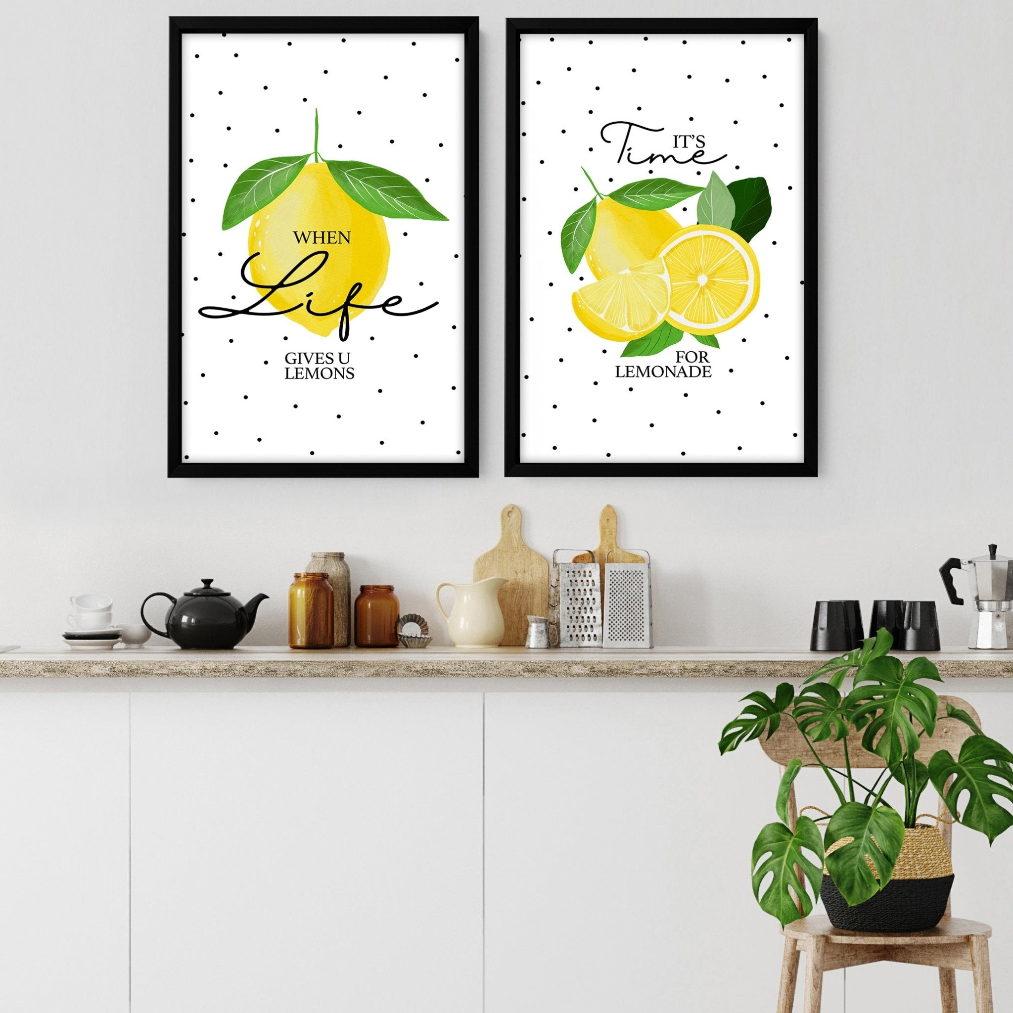 Set of 2 wall art prints featuring vibrant lemon illustrations on premium paper, perfect for kitchen decor.