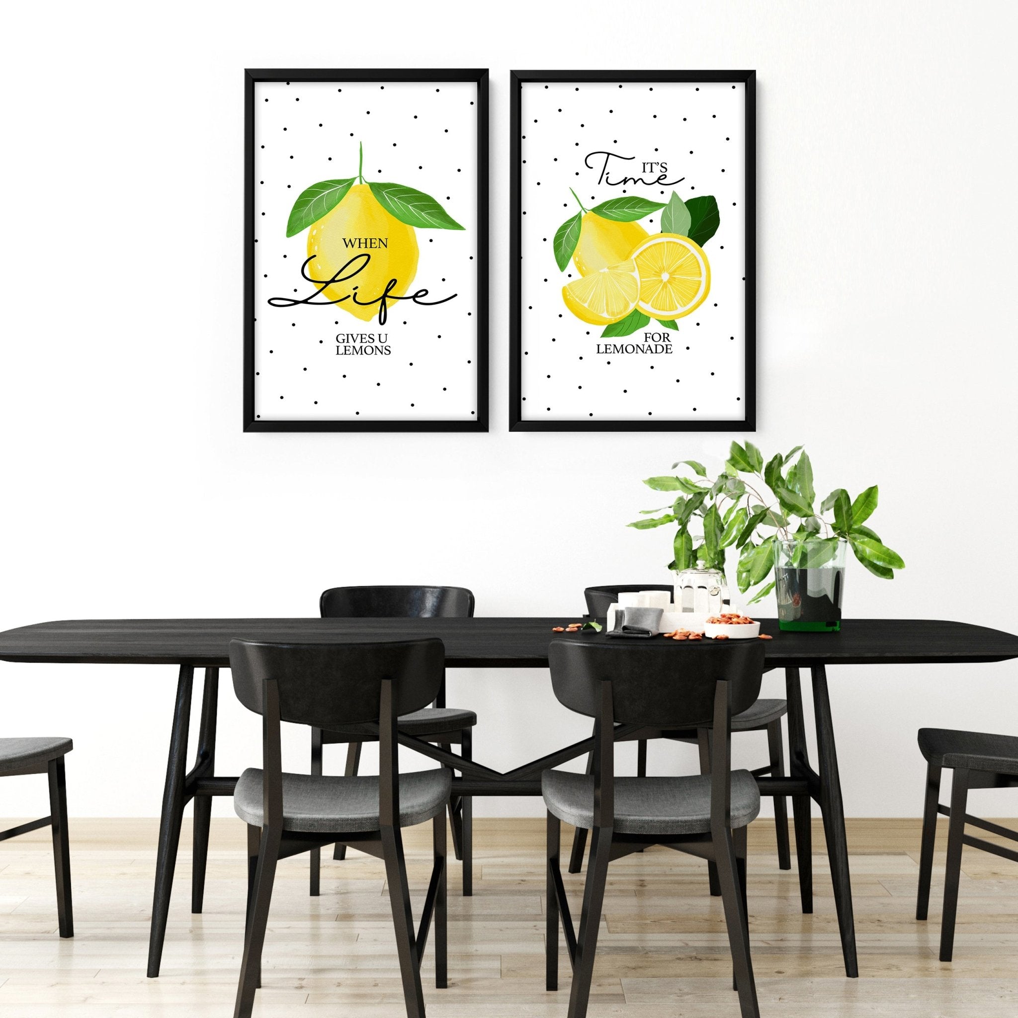 Set of 2 wall art prints featuring vibrant lemon illustrations on premium paper, perfect for kitchen decor.