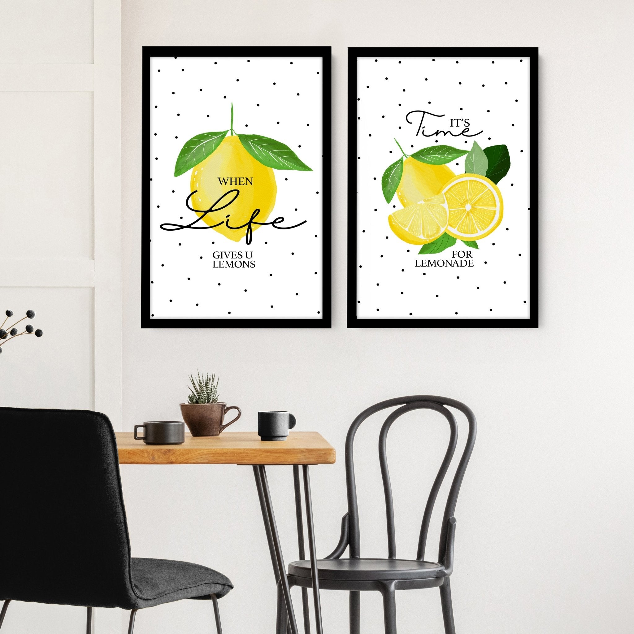 Set of 2 wall art prints featuring vibrant lemon illustrations on premium paper, perfect for kitchen decor.