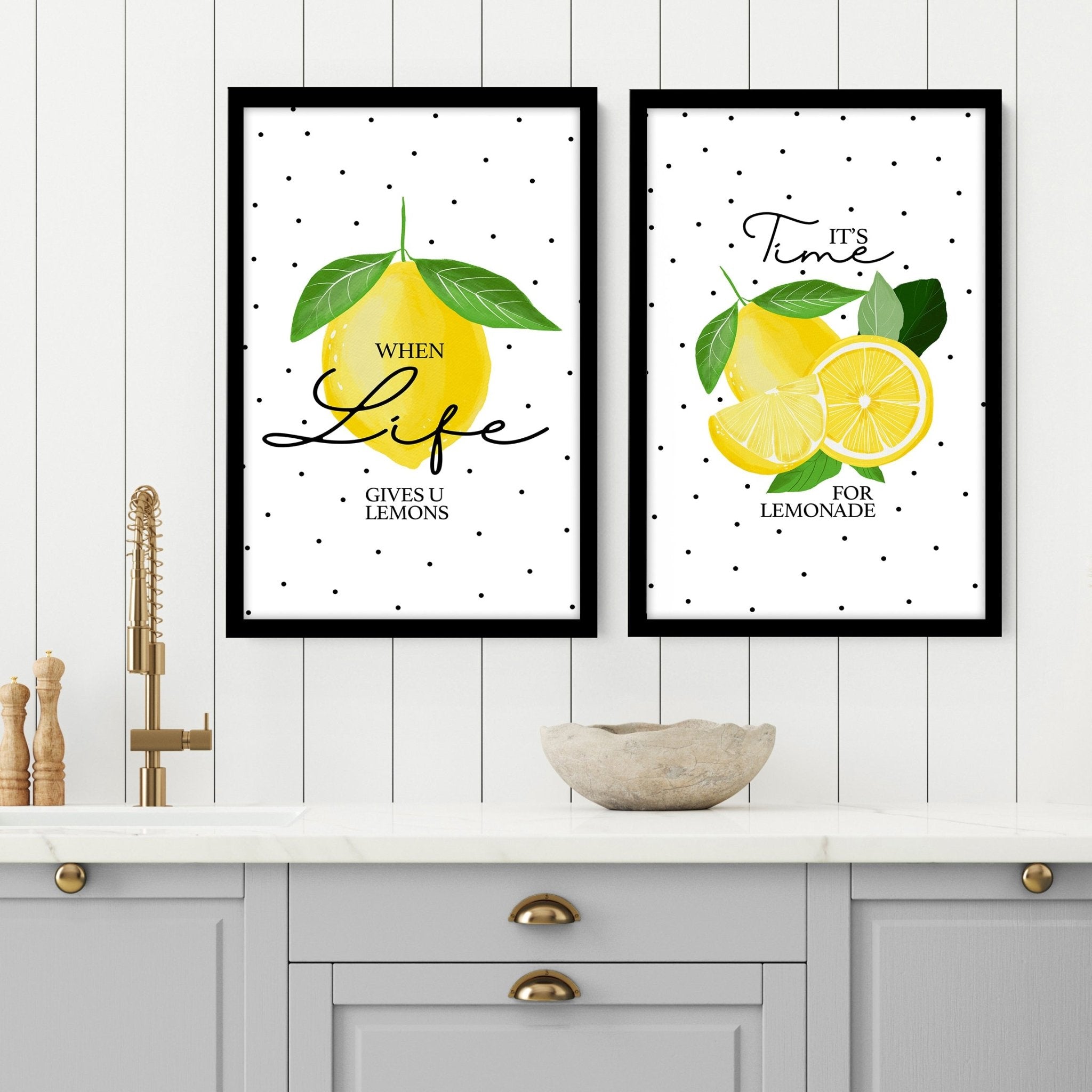 Set of 2 wall art prints featuring vibrant lemon illustrations on premium paper, perfect for kitchen decor.