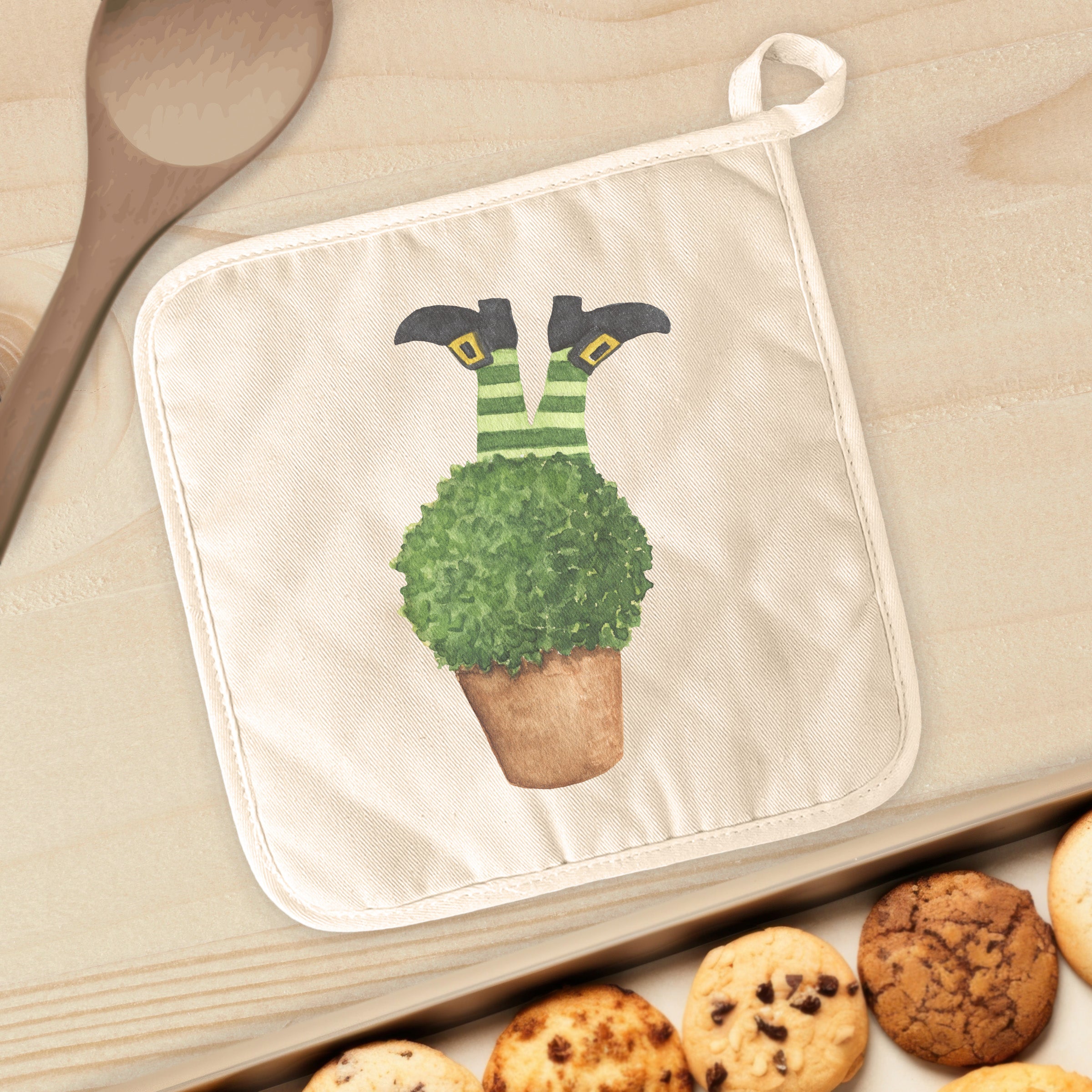 Leprechaun Legs Cotton Pot Holder featuring vibrant colors and a whimsical design, perfect for protecting surfaces from hot cookware.