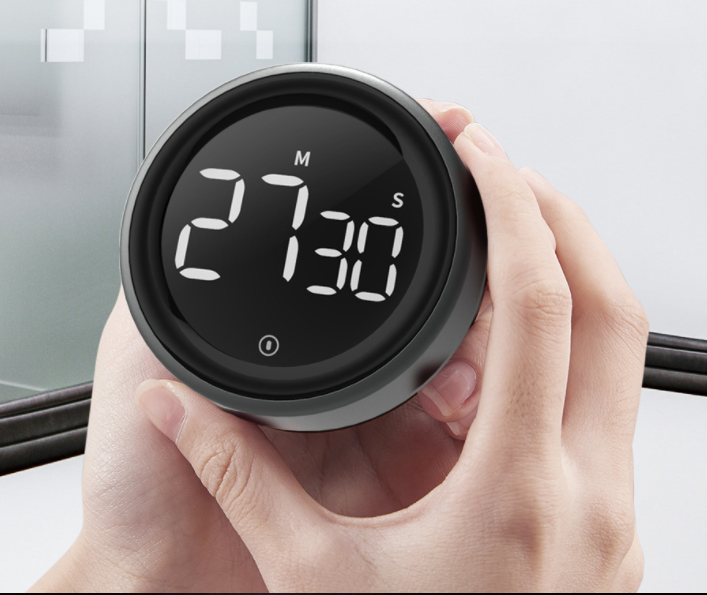 Magnetic Digital Timer with LED display, designed for kitchen cooking and shower timing, featuring a sleek aluminum body.