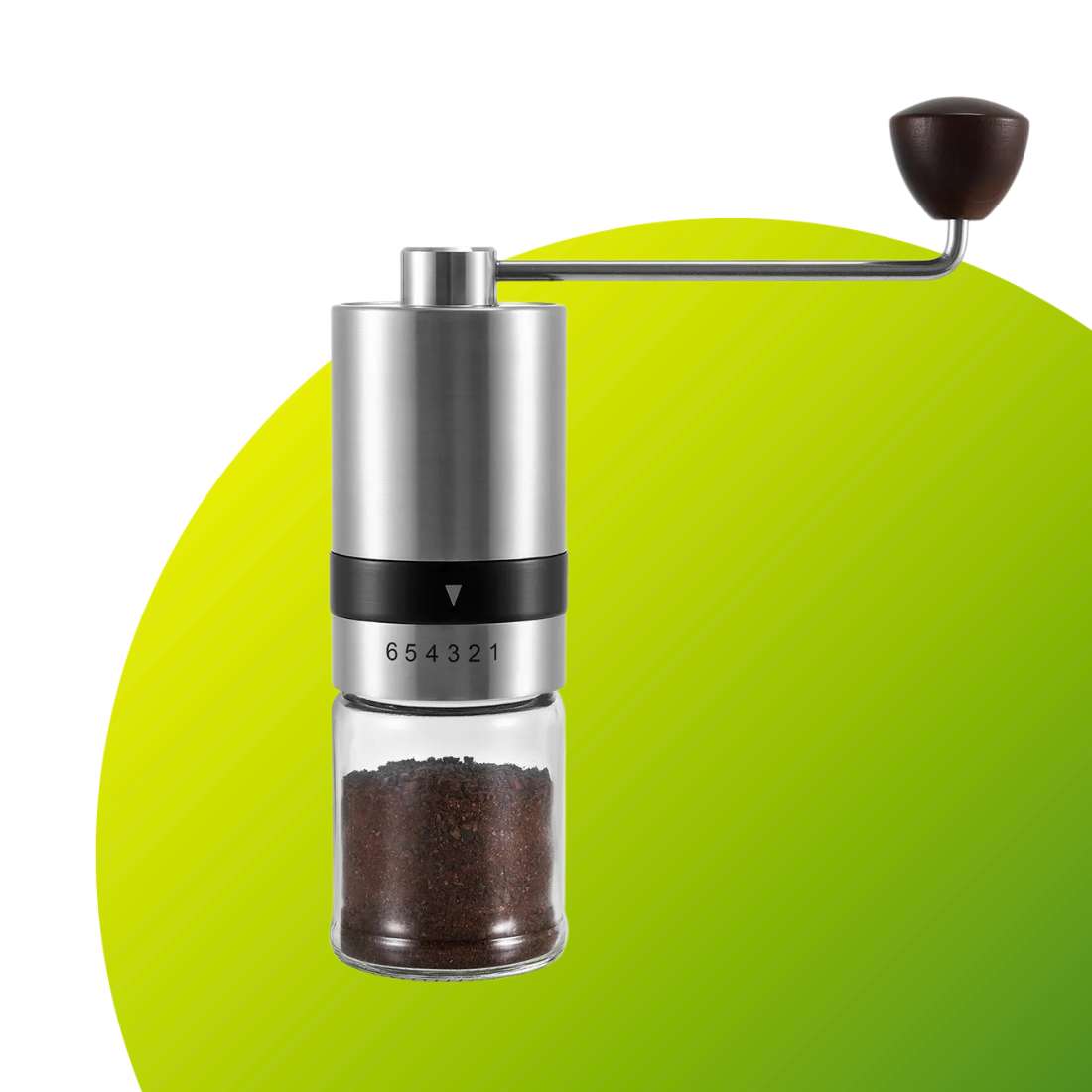 Manual Coffee Grinder with stainless steel body and beech wood handle, featuring a glass vessel for collecting ground coffee.