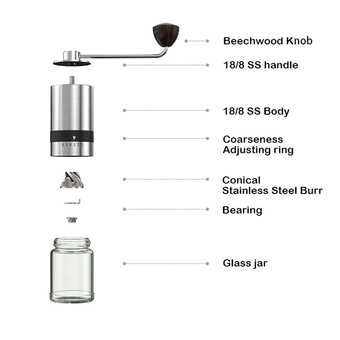Manual Coffee Grinder with stainless steel body and beech wood handle, featuring a glass vessel for collecting ground coffee.