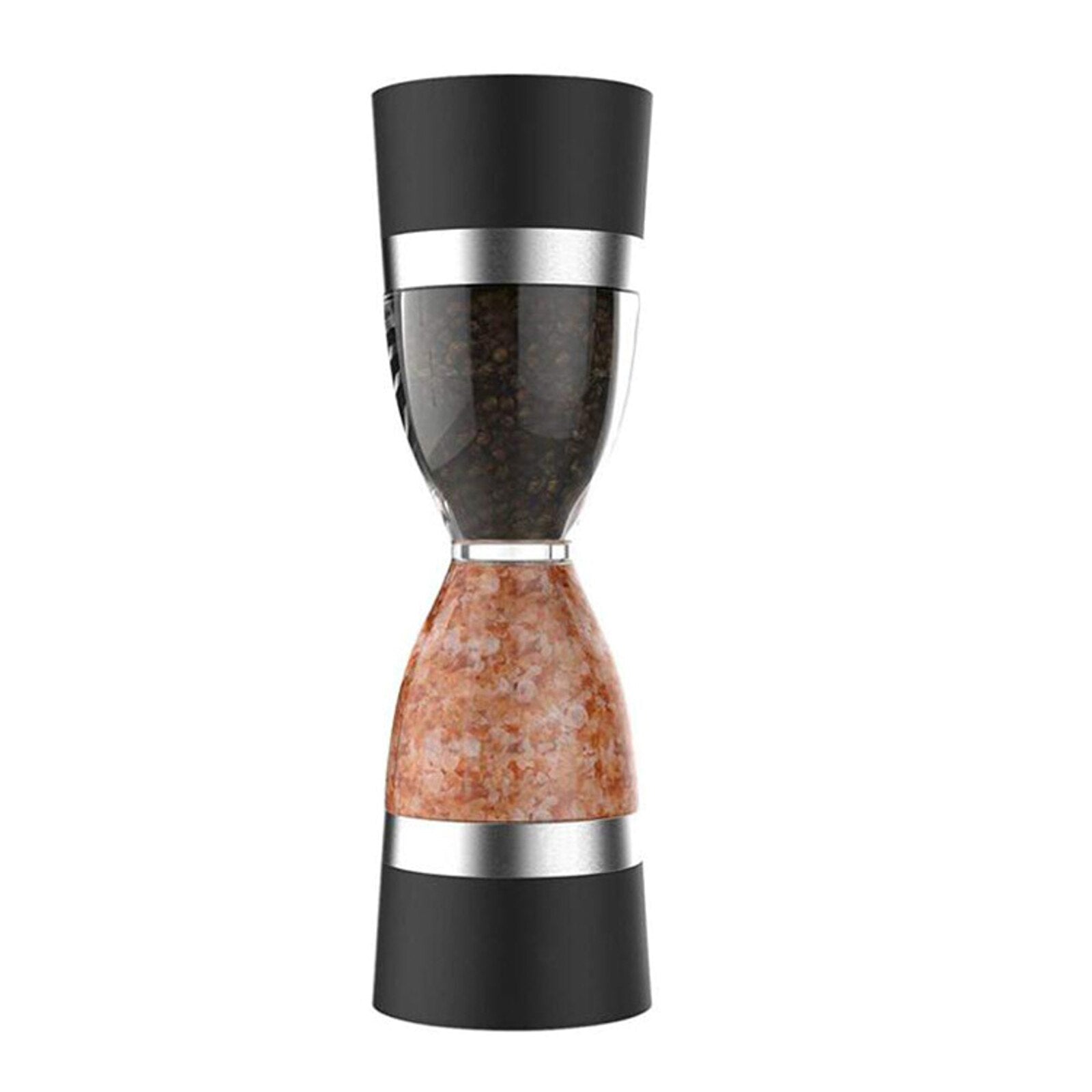 Manual Pepper Salt Grinder with Double-Head Milling Tool, showcasing its transparent body and dual grinding heads.