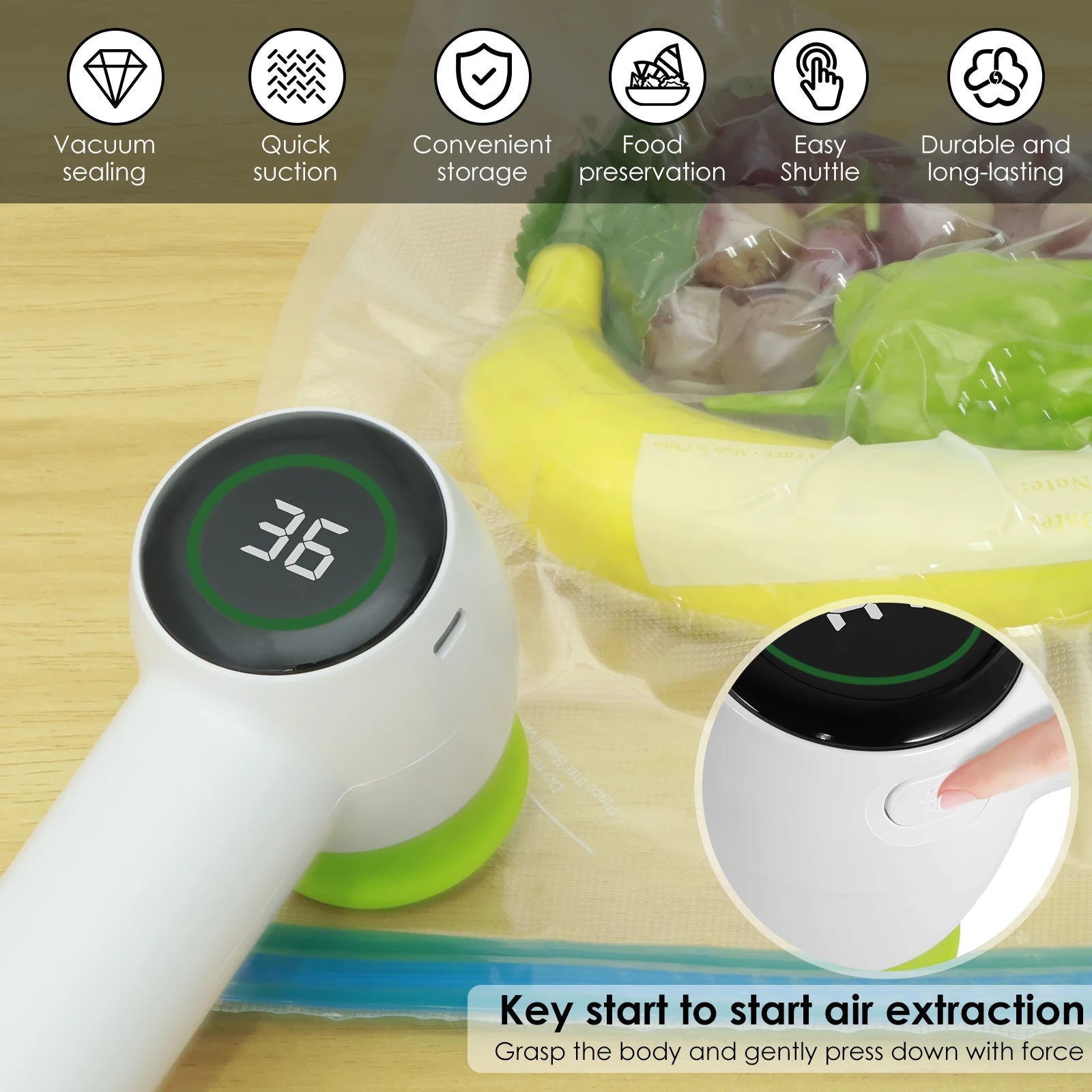 Mason Jar Vacuum Sealer Kit with display, showcasing its compact design and included accessories.