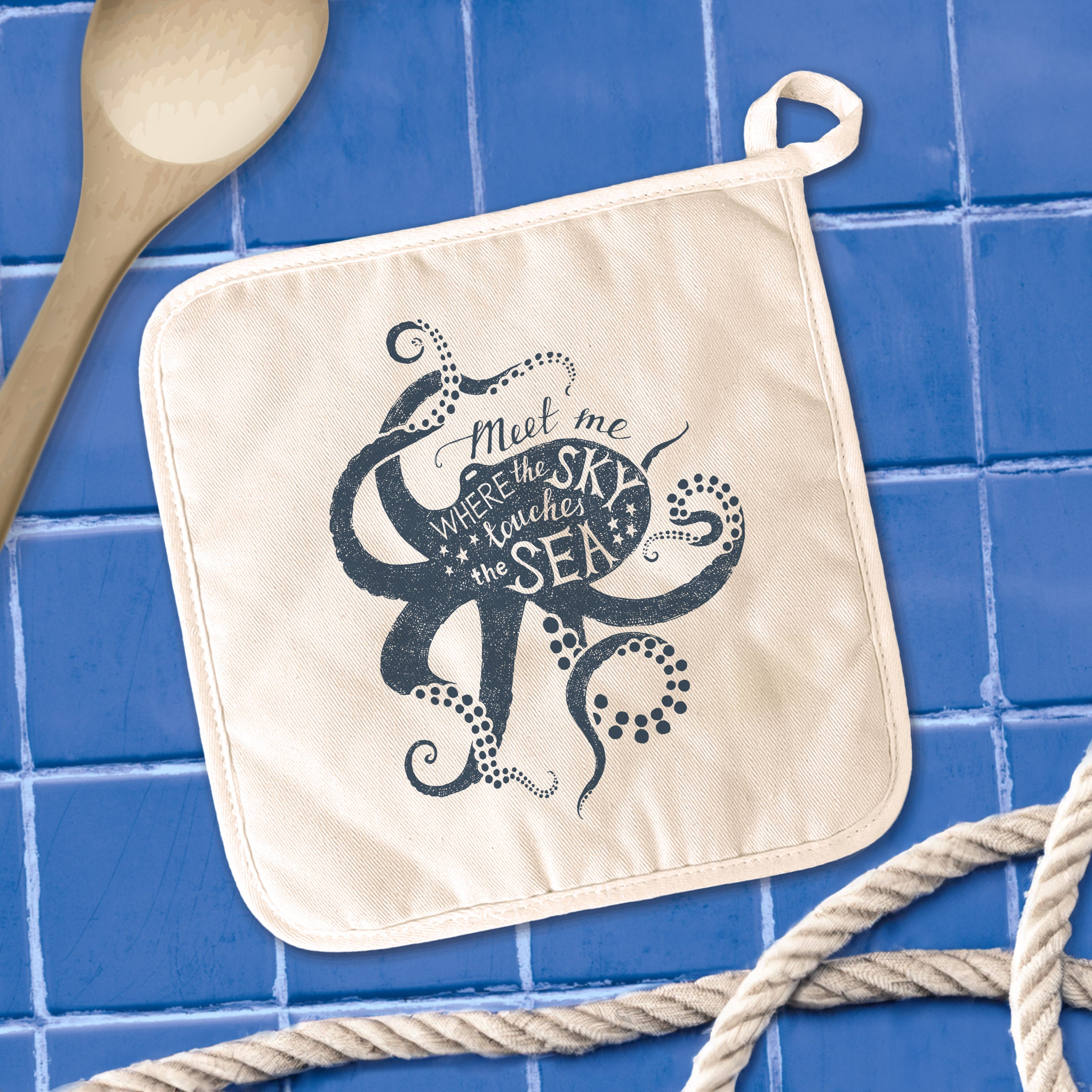 Meet Me Octopus Cotton Pot Holder featuring vibrant octopus design, made from durable cotton and terry cloth.