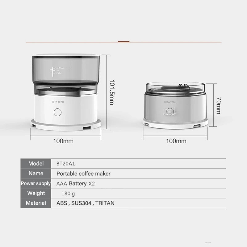Mini Coffee Machine with integrated grinder and stainless steel strainer, designed for portable coffee brewing.