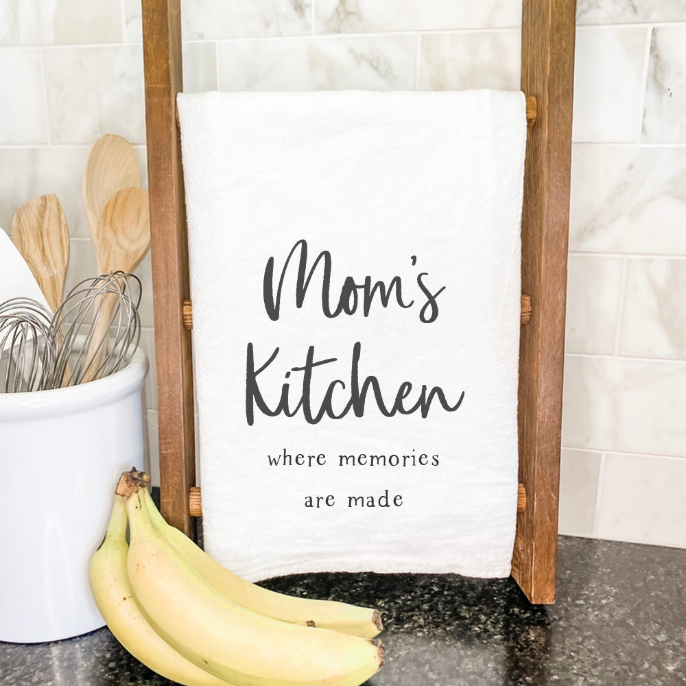 Mom's Kitchen Cotton Tea Towel featuring vibrant designs and absorbent fabric, perfect for kitchen use.