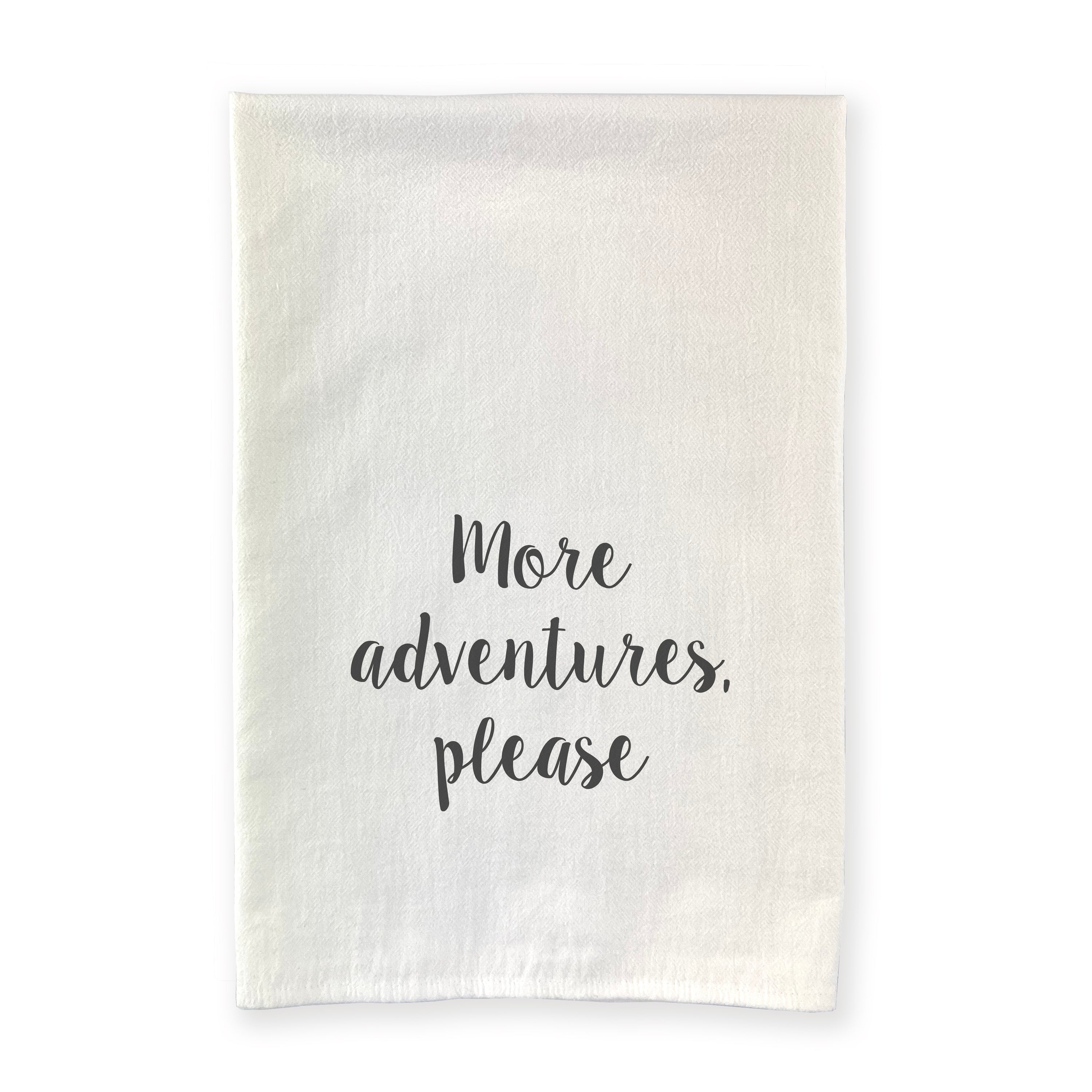 More Adventures Please cotton tea towel featuring vibrant designs, made from 100% absorbent cotton, perfect for kitchen use.
