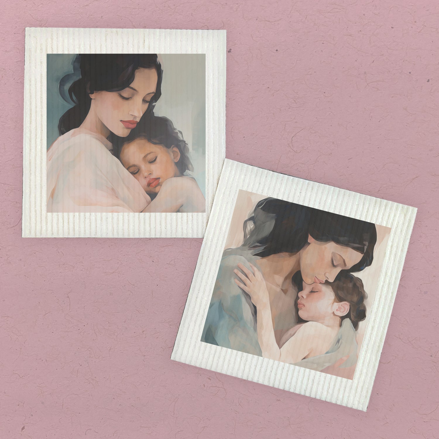 Two eco-friendly Swedish dish cloths featuring a Mother and Child design, made from plant-based fibers.