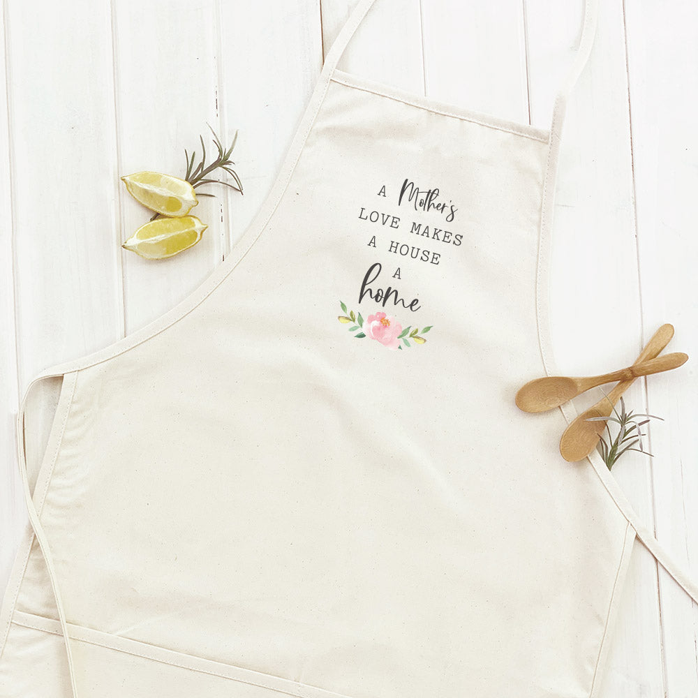 Mother's Love Home Women's Apron in elegant design, made of cotton canvas with natural twill ties and a divided front pocket.