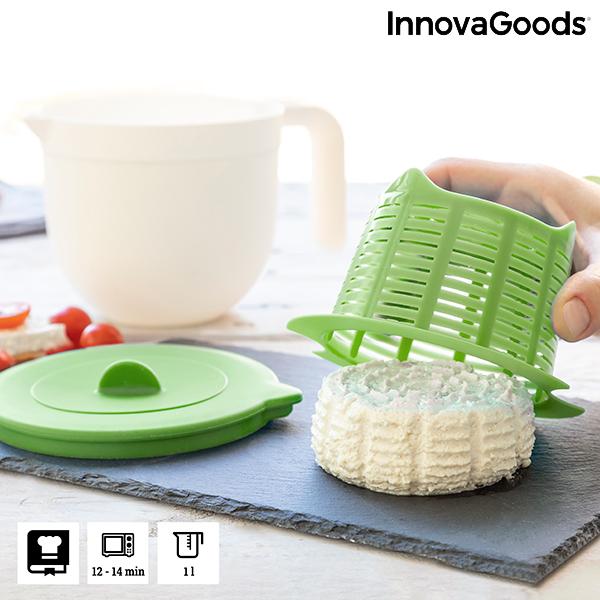 InnovaGoods Freashy Cheese Mold with manual and recipes for making fresh cheese at home, featuring a compact design and made from PP and silicone.