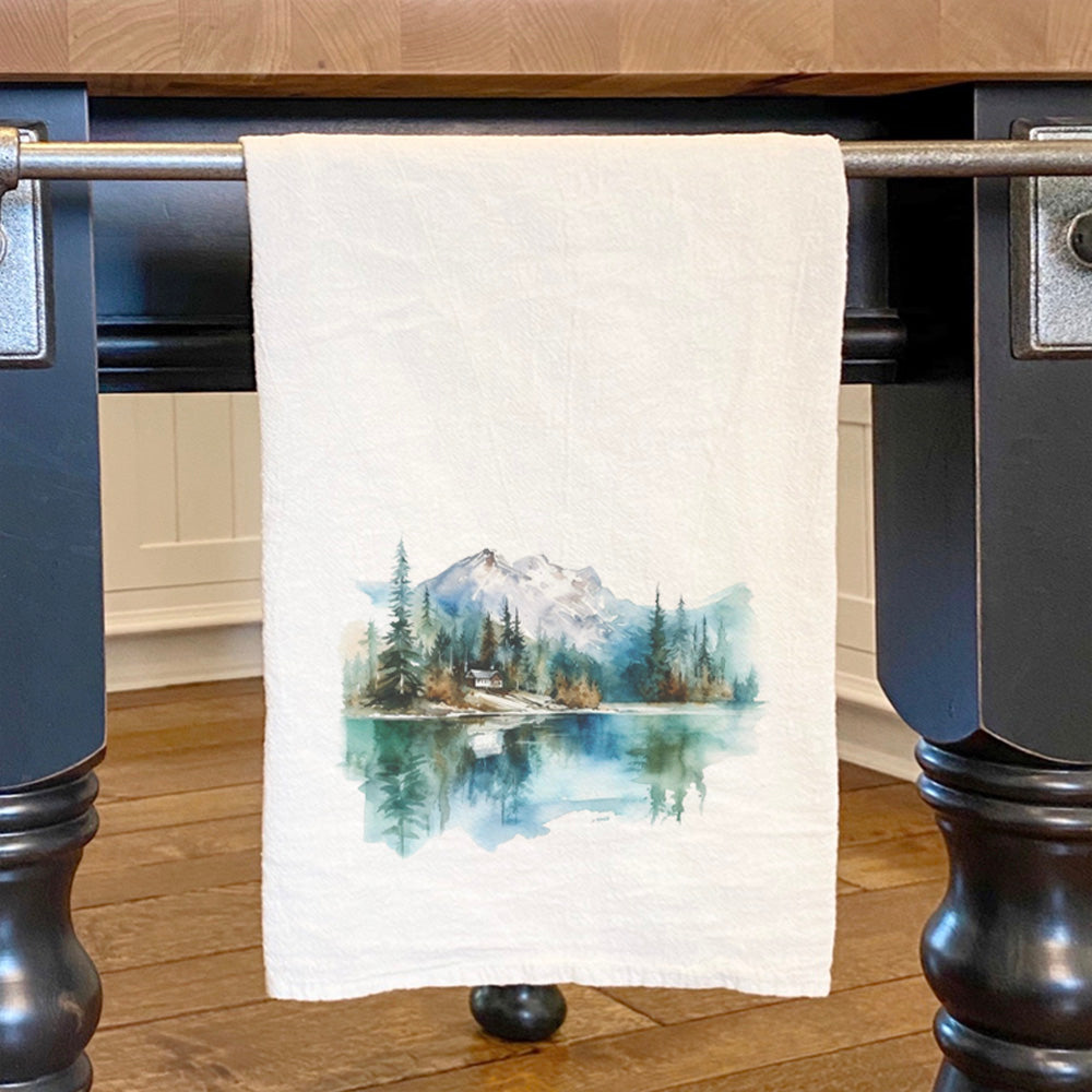 Mountains and Lake cotton tea towel featuring vibrant nature-inspired design, made from 100% absorbent cotton.
