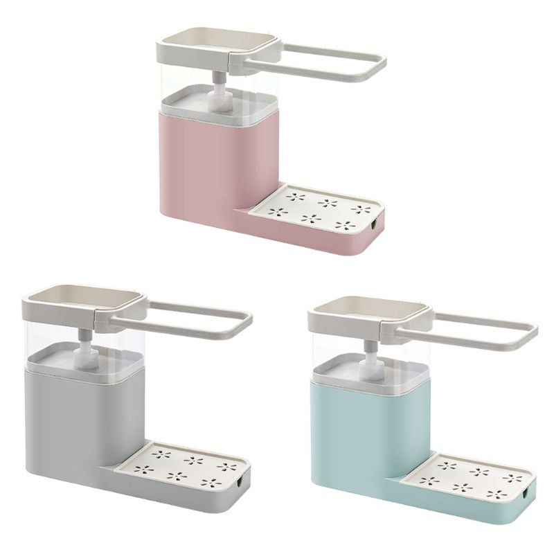 Multifunctional Kitchen Cleaning Combination Rack featuring soap dispenser, sponge holder, and towel shelf in gray, green, and pink colors.