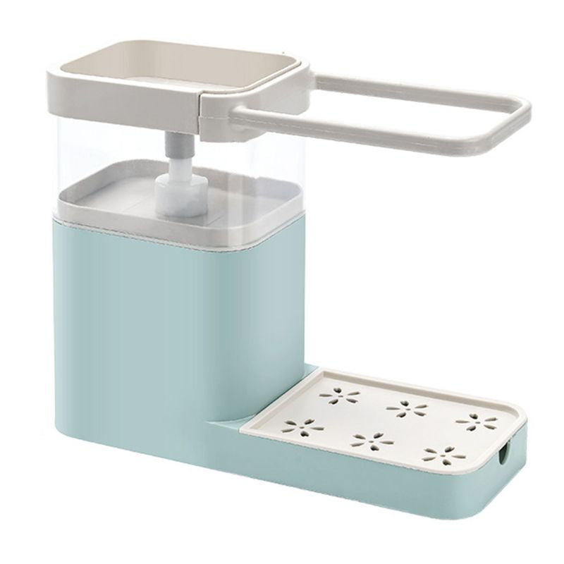 Multifunctional Kitchen Cleaning Combination Rack featuring soap dispenser, sponge holder, and towel shelf in gray, green, and pink colors.