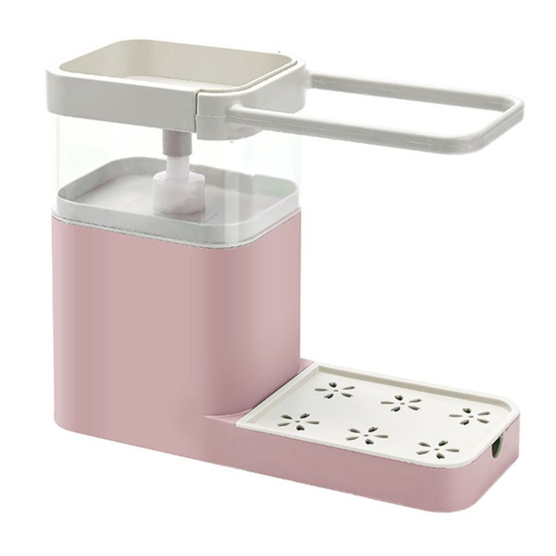 Multifunctional Kitchen Cleaning Combination Rack featuring soap dispenser, sponge holder, and towel shelf in gray, green, and pink colors.