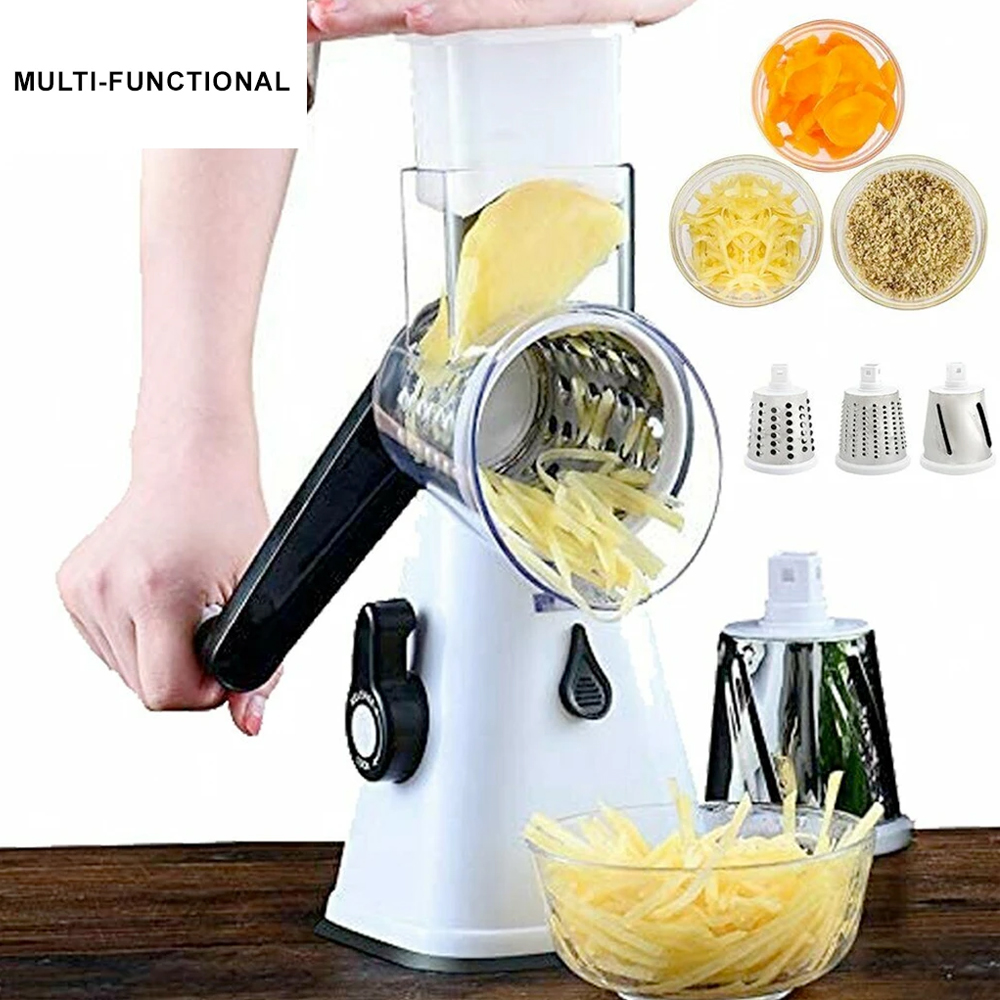 Multi-functional Stainless Steel Kitchen Slicer Grater Kit with three interchangeable blades for versatile food preparation.