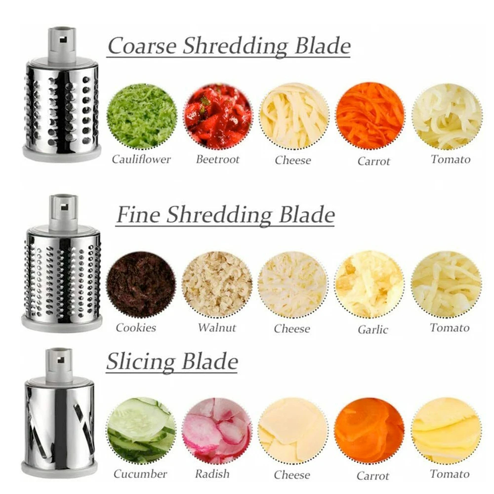 Multi-functional Stainless Steel Kitchen Slicer Grater Kit with three interchangeable blades for versatile food preparation.