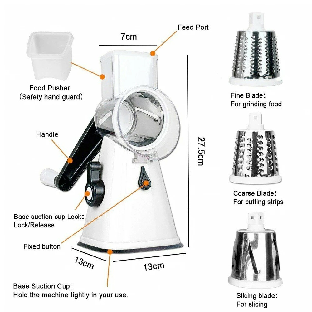 Multi-functional Stainless Steel Kitchen Slicer Grater Kit with three interchangeable blades for versatile food preparation.