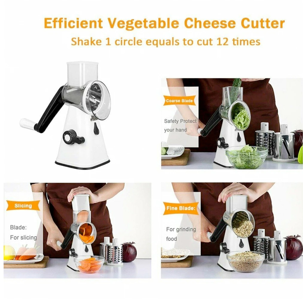 Multi-functional Stainless Steel Kitchen Slicer Grater Kit with three interchangeable blades for versatile food preparation.