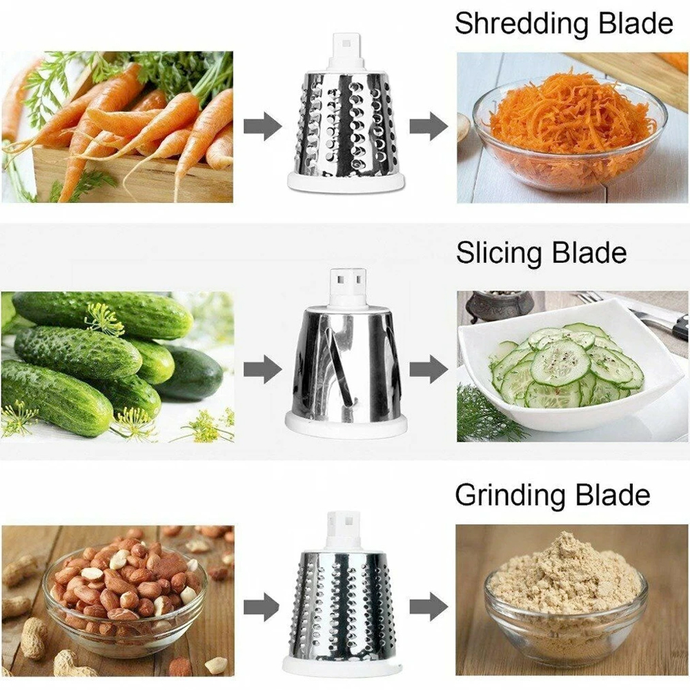 Multi-functional Stainless Steel Kitchen Slicer Grater Kit with three interchangeable blades for versatile food preparation.